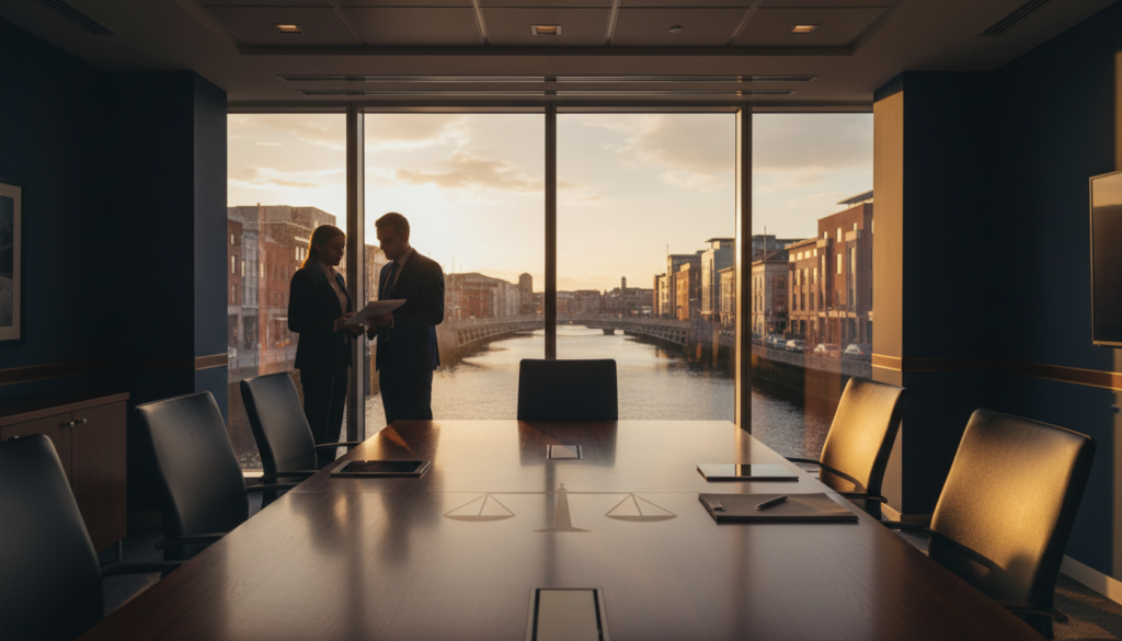 Two legal professionals discussing recruitment in a modern Dublin law office