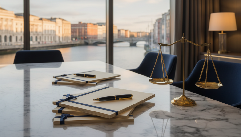 Recruitment documents arranged on the desk of a modern Irish law office