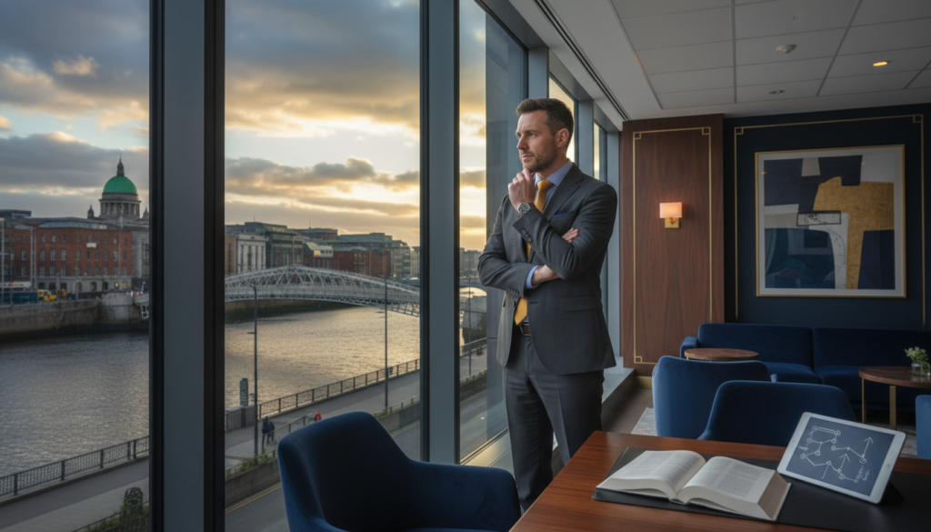 Solicitor contemplating career opportunities by an office window overlooking Dublin